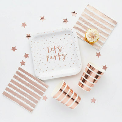 B4E Rose Gold Party Tableware Set8 Paper Plates8 Paper Cups16 Striped NapkinsDisposable Party Supplies