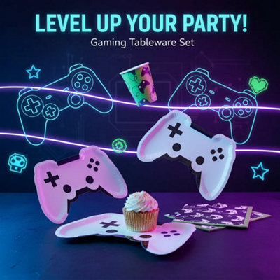 B4E Gaming Party Tableware Set8 Game Controller Paper Plates8 Paper Cups16 NapkinsVideo Game Party Supplies