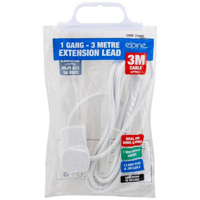 1 Gang Extension Socket Lead Cable Electric 13A Mains Power Adaptor 3M from B&Q