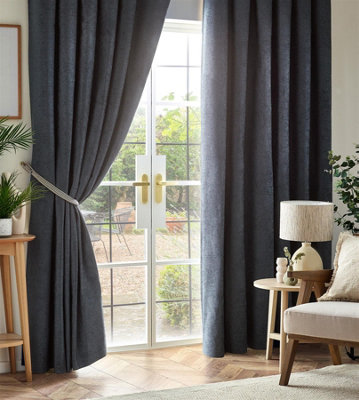 B&Q -  Chenille Blackout Pencil Pleat Taped Top Curtains Charcoal