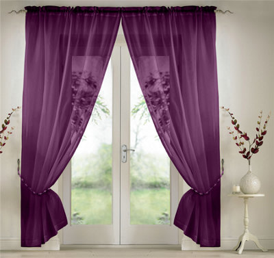 Luxury Living Elegant Plain Voile Curtain Panels Pair With Free Tie Backs Purple from B&Q