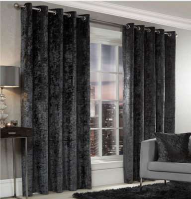 Luxury Living Crushed Velvet Effect Ring Top Curtains Charcoal from B&Q