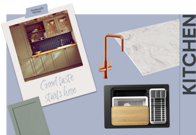 Graphic titled 'Kitchen' featuring a polaroid captioned 'Good taste starts here' and a selection of GoodHome kitchen products