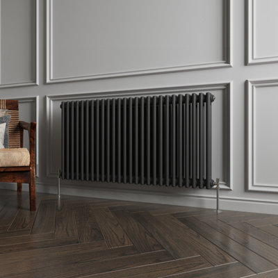 B&Q -  Traditional 2 Column Radiator Black Horizontal (H)600mm (W)1190mm 5425 Btu Cast Iron Style Radiator