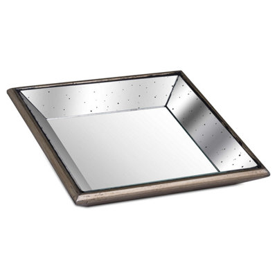  - Astor  Distressed  Mirrored  Square  Tray  W/wooden  Detailing  Sml