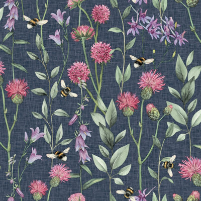 Arthouse Bumblebee Meadow Navy Wallpaper