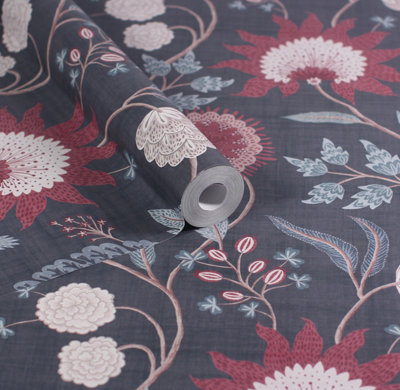 Esselle Home Fable Trail Navy/berry Wallpaper from B&Q