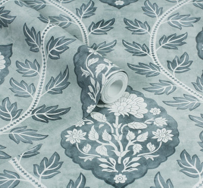 Esselle Home Floral Cartouche Slate Blue Wallpaper from B&Q