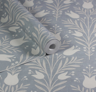 Esselle Home Heritage Tulip Chalky Blue Wallpaper from B&Q