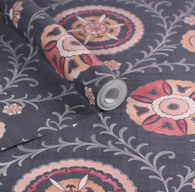 Esselle Home Nahlia Trail Navy/berry Wallpaper from B&Q