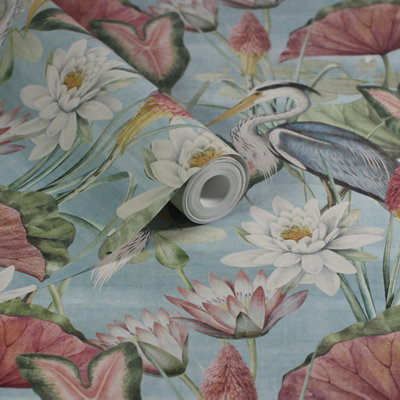 Esselle Home Waterlily Lake Soft Blue Wallpaper from B&Q