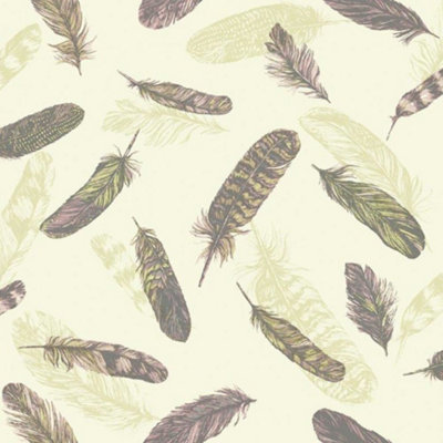 Arthouse Vintage Plume Bird Feathers Textured Vinyl Pink Green Wallpaper from B&Q