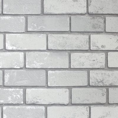 Arthouse Metallic Brick White / Silver Wallpaper 692201 from B&Q