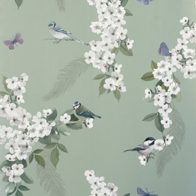 World Of Wallpaper Mitzu Bird Wallpaper Sage (900105-Bur) from B&Q