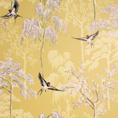 Arthouse Japanese Garden Ochre Wallpaper - Oriental Trees & Birds Pattern - Pearlescent Highlights - Spongeable - Image 7