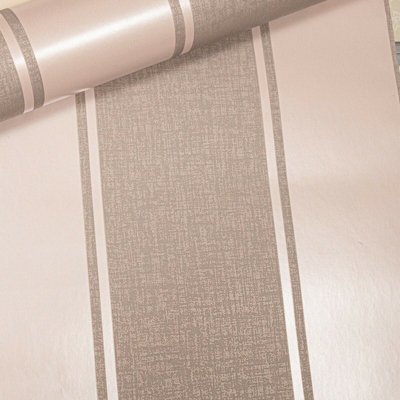 Arthouse Luxe Large Stripes Dusky Rose Pink Metallic Grey Textured Wallpaper from B&Q