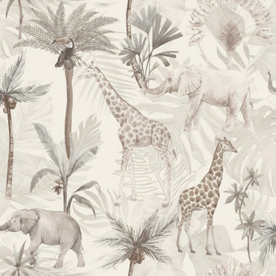 Arthouse Serengeti Animals Neutral Wallpaper Palm Trees Naturistic Feature Wall from B&Q