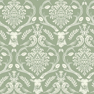 Arthouse Unisex Olive Stag Damask Wallpaper In - Image 8