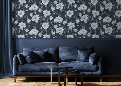 Arthouse Ashley Floral Navy Wallpaper from B&Q