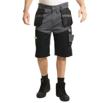 Lee Cooper Workwear Mens Reflective Trim Stretch Work Holster Cargo Shorts, 38W Grey/Black