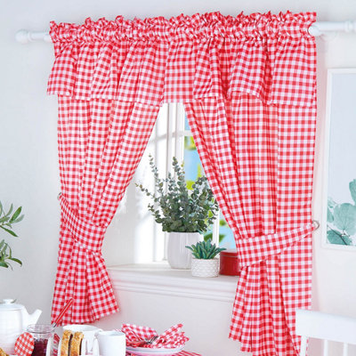 Red Gingham Curtain Set With Integrated Valance 100 Percent Polyester Country Style Kitchen Window Dressing from B&Q