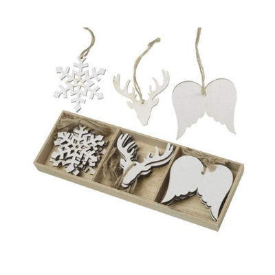 B&Q -  Christmas 18 White Wooden OrnamentsSnowflakesStag HeadsAngel Wings
