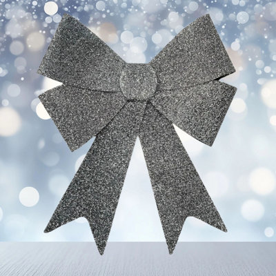 SNOW WHITE Large Silver Tinsel Christmas Bow Silver Tinsel Door Tree Bow Decoration 49Cm from B&Q