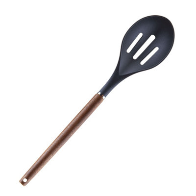 B&Q Slotted Spoon Wood Handle Acacia Wooden Heat Resistant Slotted Spoon Black