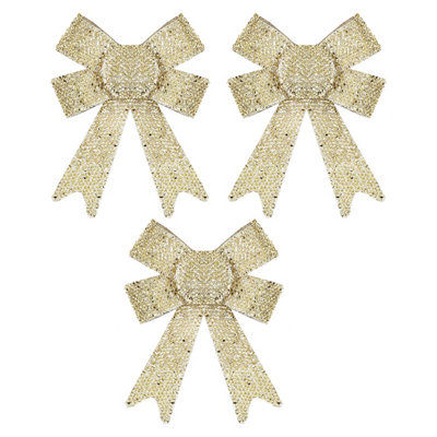 Tinsel Bows Christmas Decoration X 3 10Cm X 13Cm X 3Cm Champagne from B&Q