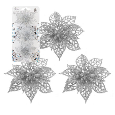  - Clip On Poinsettia Christmas Decorations X 3 7. 5Cm Silver