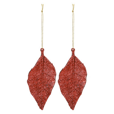Christmas Tree Decoration 2 Hanging Glitter Leaf Ornament X Red from B&Q