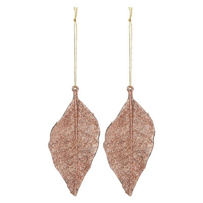 Christmas Tree Decoration 2 Hanging Leaf Glitter X 1 22. 6Cm Rose Gold from B&Q