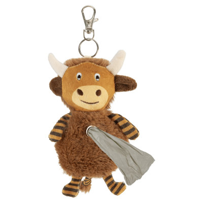 PMS Highland Cow Plush Dog Poo Bag Holder Brown 15Cm With 20 Bags On Keyring