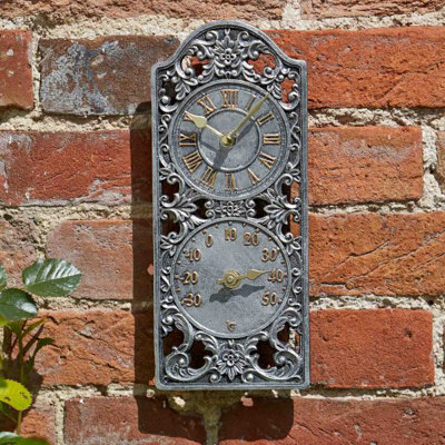 Annibells  Silver Garden Pewter Ornate Vintage Antique Indoor / Outdoor Wall Clock & Thermometer   (10182) from B&Q