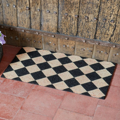 B&Q -  Black Checked Traditional Patterned Doormat Coir Pvc Back