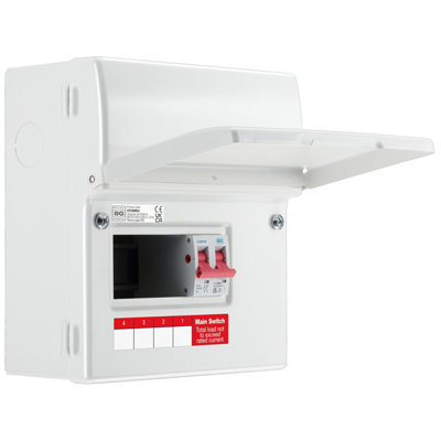 British General Bg Metal Consumer Unit 6 Module4 Way Unpopulated With 100A Main Switch2 X Cover Blanks With Up Opening Front Cover from B&Q