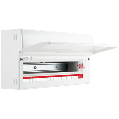 British General Bg Metal Consumer Unit 22 Module20 Way Unpopulated With 100A Main Switch 2 X Cover Blanks With Up Opening Front Cover from B&Q