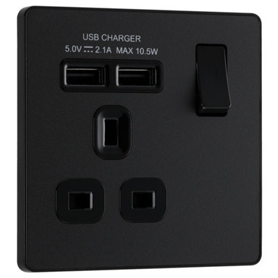 Bg Matt Black Single 13A 10W Raised Slim Switched Screwless Socket With UsbX2 & Black Inserts from B&Q