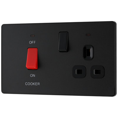 British General Screwless Matt Black Cooker Switch & Socket With Neon & Black Inserts from B&Q