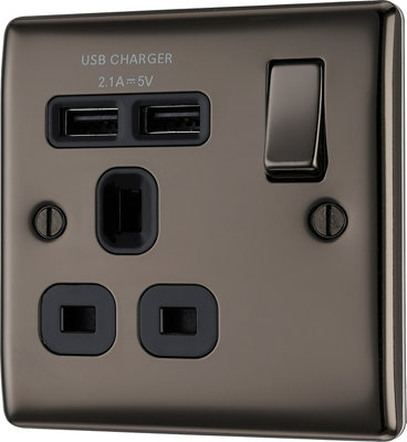Bg Black Nickel Single 13A Raised Slim Switched Screwed Socket With UsbX2 & Black Inserts from B&Q