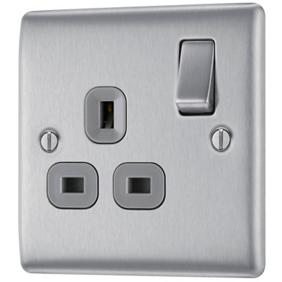 Bg Brushed Steel Single 13A Switched Socket & Grey Inserts from B&Q