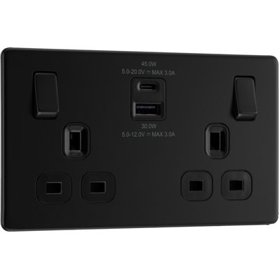 British General Black Bg Screwless Flatplate Matt 13A Double Switched Socket With Usb A + C 45W, Inserts B&Q