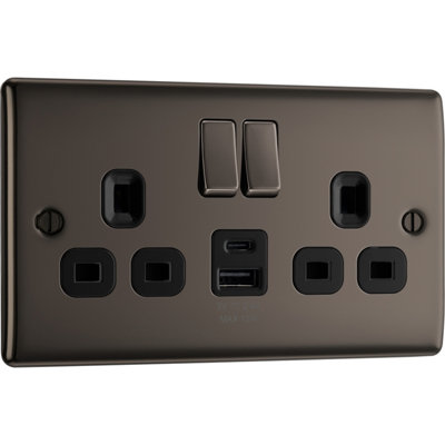 Bg Black Nickel Double 13A 12W Raised Slim Switched Screwed Socket With UsbX2 & Black Inserts from B&Q