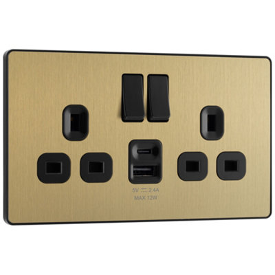 Bg Satin Brass Double 13A 12W Raised Slim Switched Screwless Socket With UsbX2 & Black Inserts from B&Q