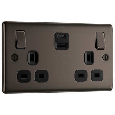 Bg Black Nickel Double 13A 22W Raised Slim Switched Screwed Socket With UsbX2 & Black Inserts from B&Q