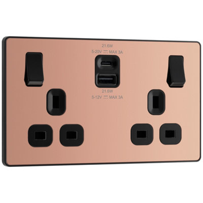 Bg Polished Copper Double 13A 22W Raised Slim Switched Screwless Socket With UsbX2 & Black Inserts from B&Q