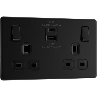 British General Bg Screwless 13A Double Switched Socket Usb-A& C,22WMatt Black from B&Q