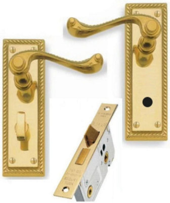 Golden Grace Georgian Polished Brass Toilet Bathroom Internal Handles + Bathroom Lock And Hinges