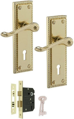 Golden Grace Georgian Polished Brass Finish Lock Internal Handle 150mm X 40mm + Lever Lock