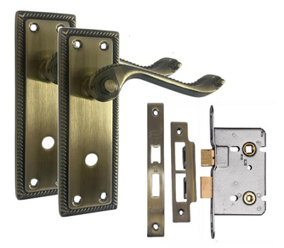Golden Grace Georgian Bathroom Handle With 2.5" Bathroom Mortise Lock Antique Brass Finish 150mm X 48mm